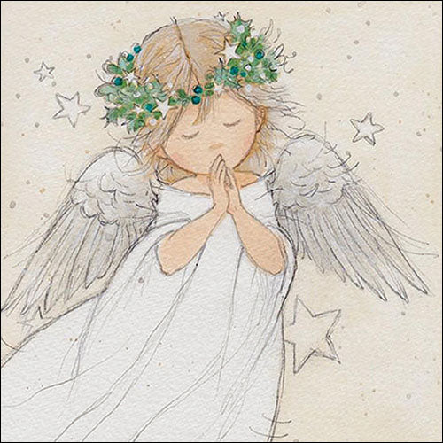 Illustration of a praying angel with closed eyes, surrounded by stars, suitable for use as a napkin design.