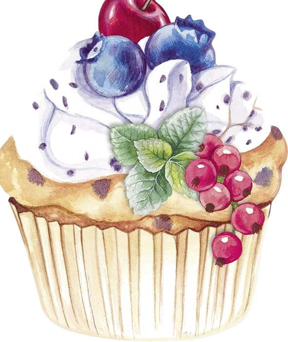 Illustration of a cupcake with berries and cream on a white background