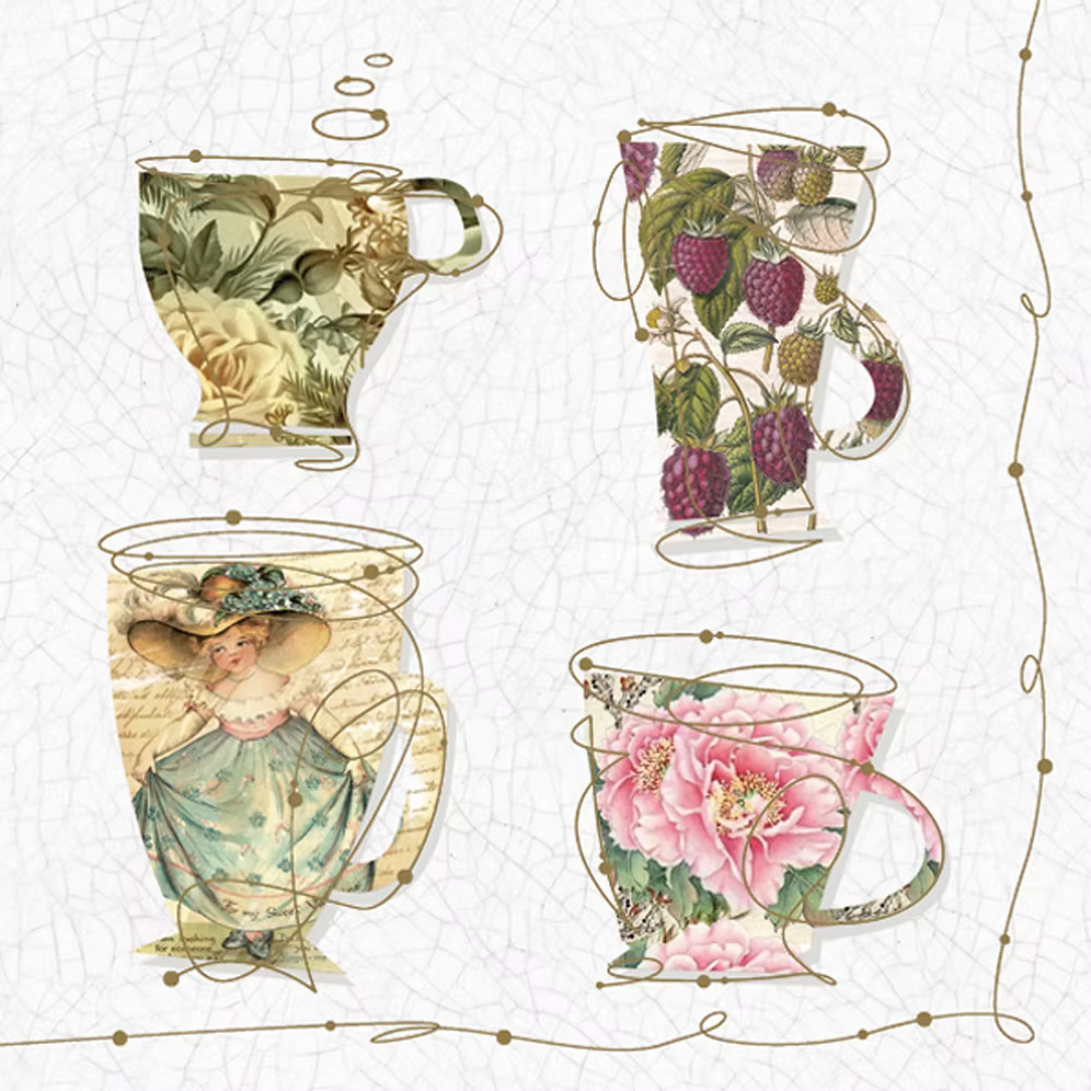 Decorative illustration of floral teacups on a textured background.