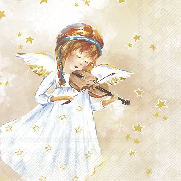 Illustration of an angel playing a violin on a starry background