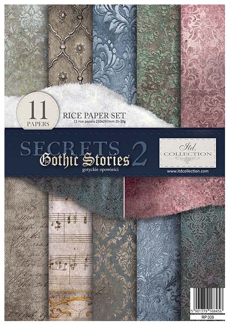 Packaging of Rice Paper Set with 'Secrets 2' and 'Gothic Stories' text on a textured paper background.
