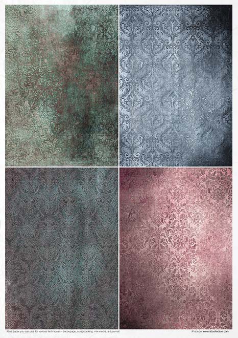 Four textured color swatches in green, blue, purple, and pink.