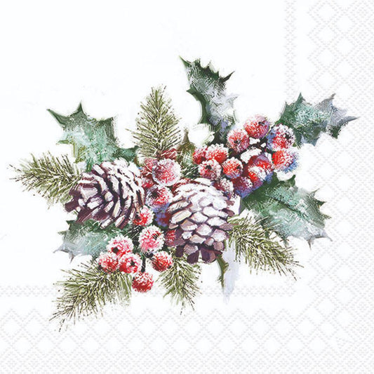Decorative paper napkin with a winter-themed design featuring holly, pine cones, and berries on a white background.