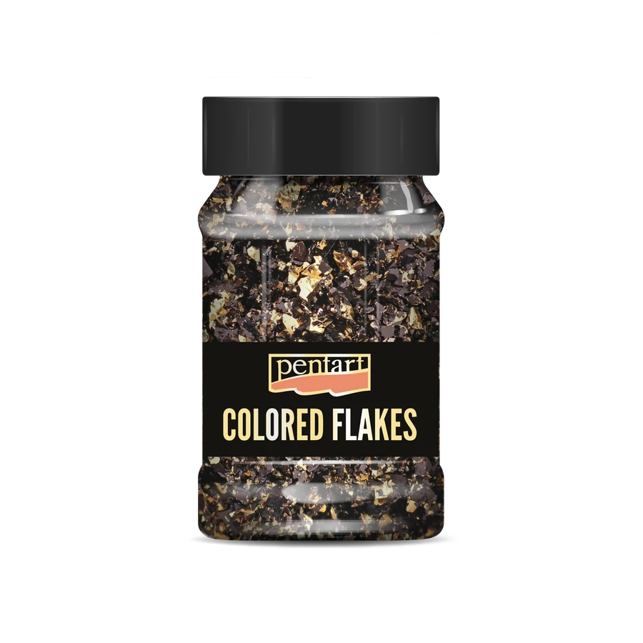 Bottle of colorued flakes with a black lid.