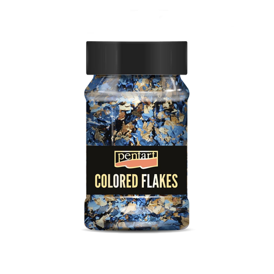 Bottle of coloured flakes with a black lid