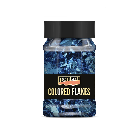 Bottle of blue coloured flakes with a black lid