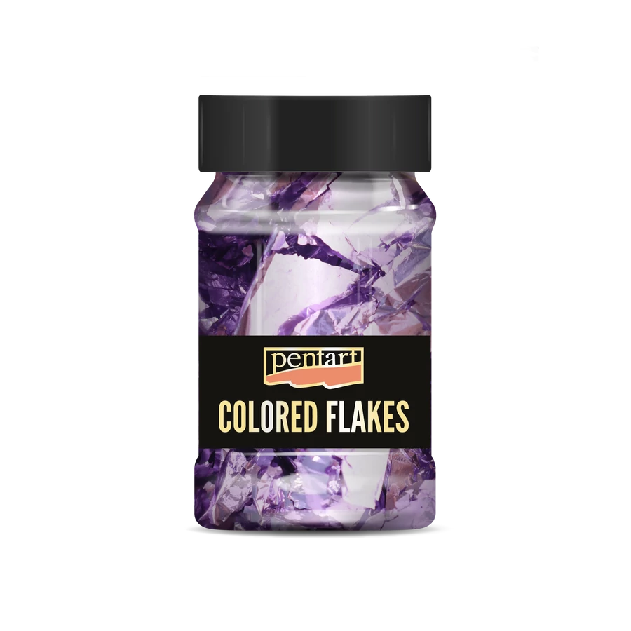 Bottle of Pentart Coloured Flakes filled with vibrant purple foil flakes.