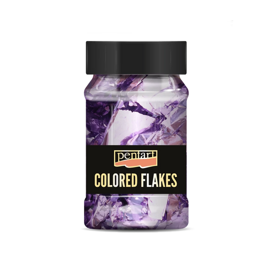 Bottle of Pentart Coloured Flakes filled with vibrant purple foil flakes.