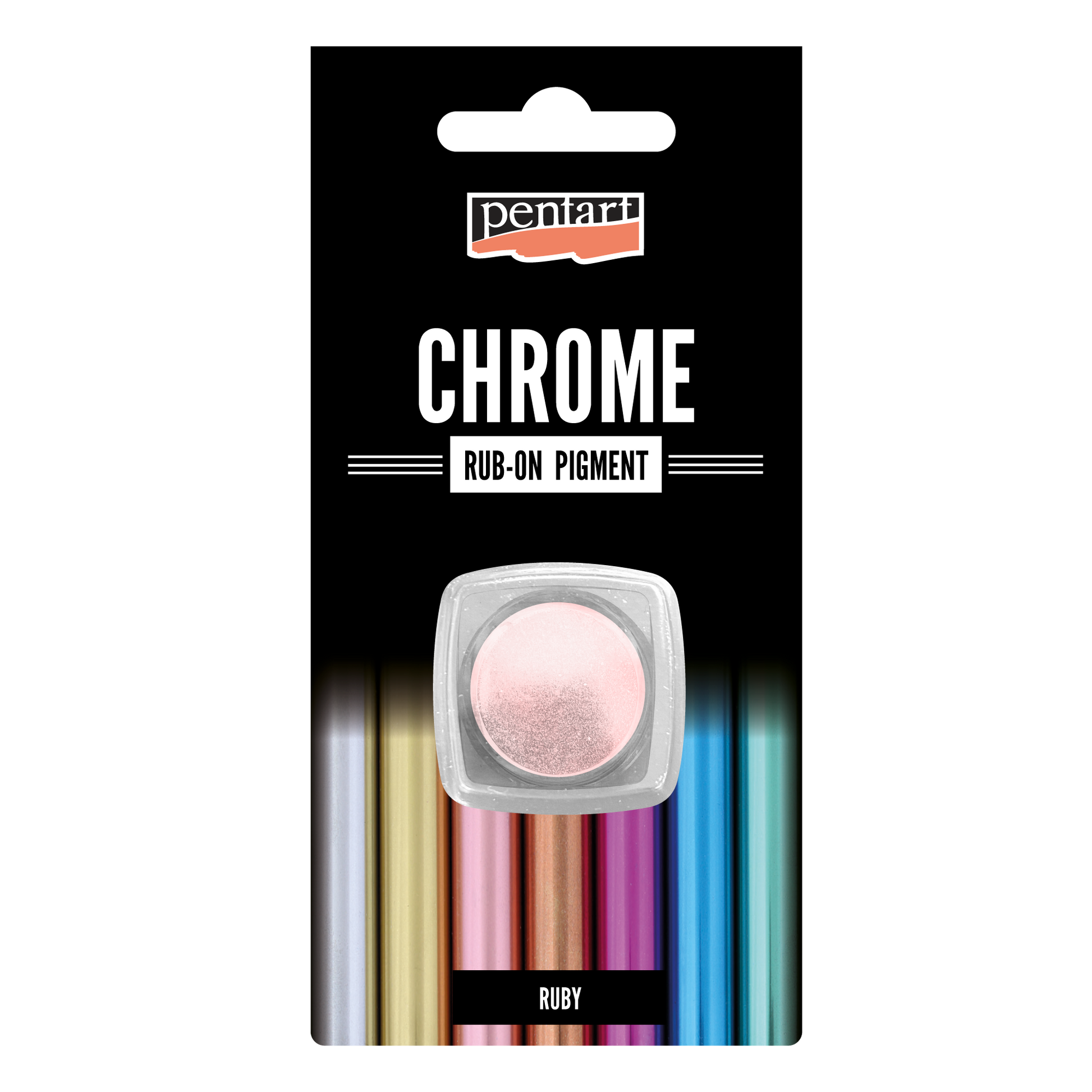 Pentart chrome rub-on pigment packaging with a pink pigment sample