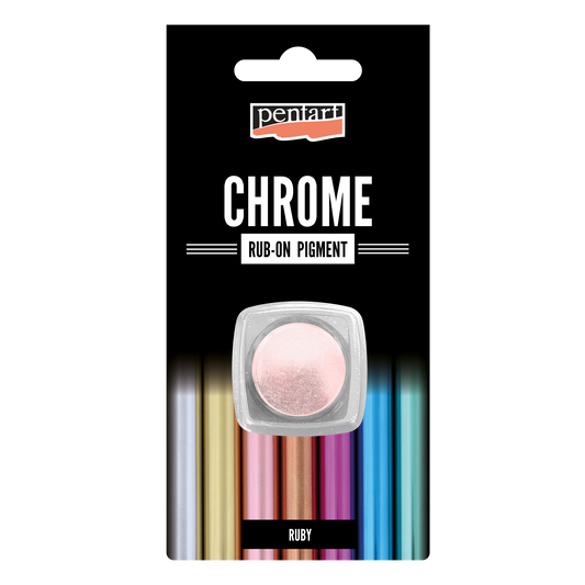 Pentart chrome rub-on pigment packaging with a pink pigment sample
