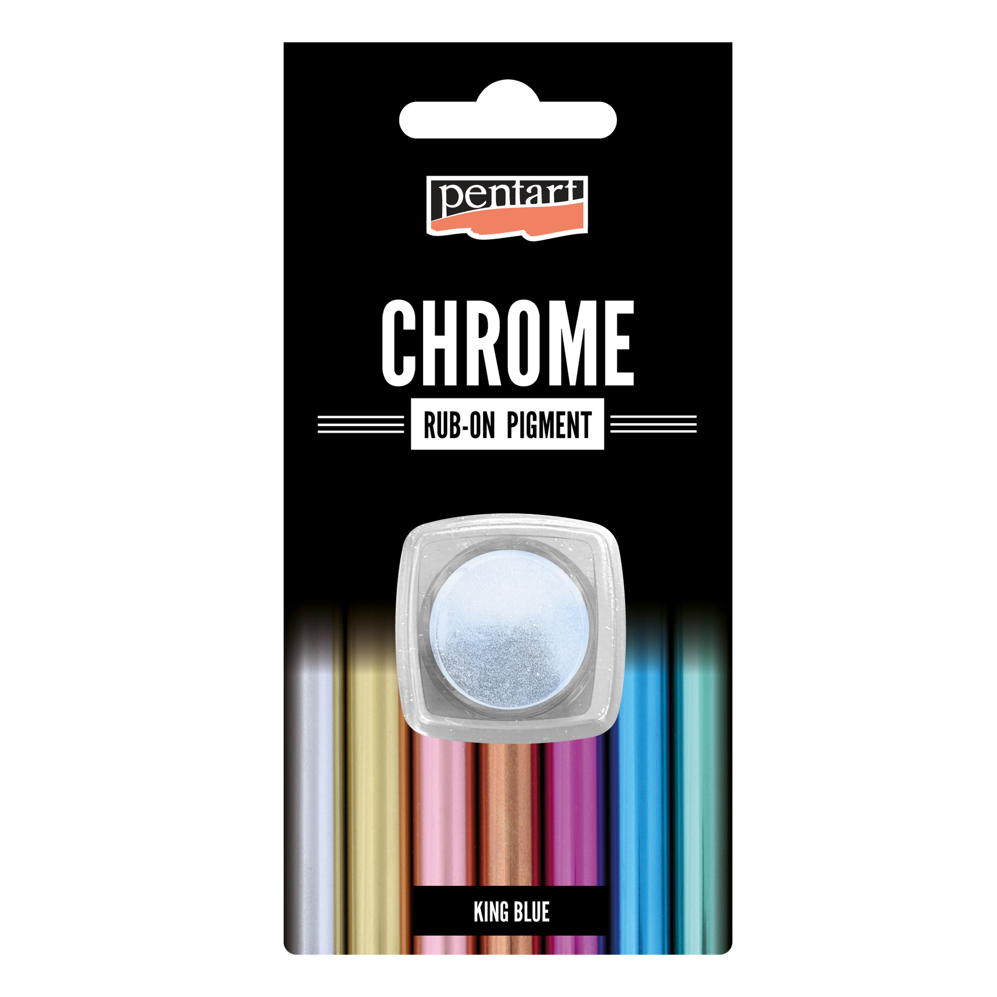 Pentart chrome rub-on pigment packaging with a sample