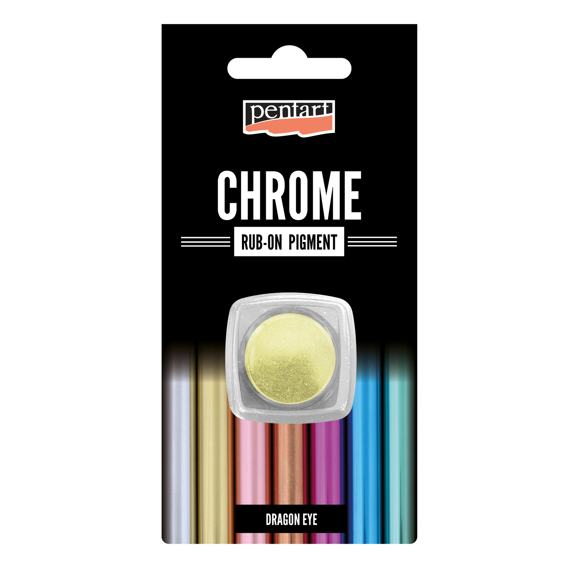 Pentart Chrome rub-on pigment packaging with a green pigment sample 