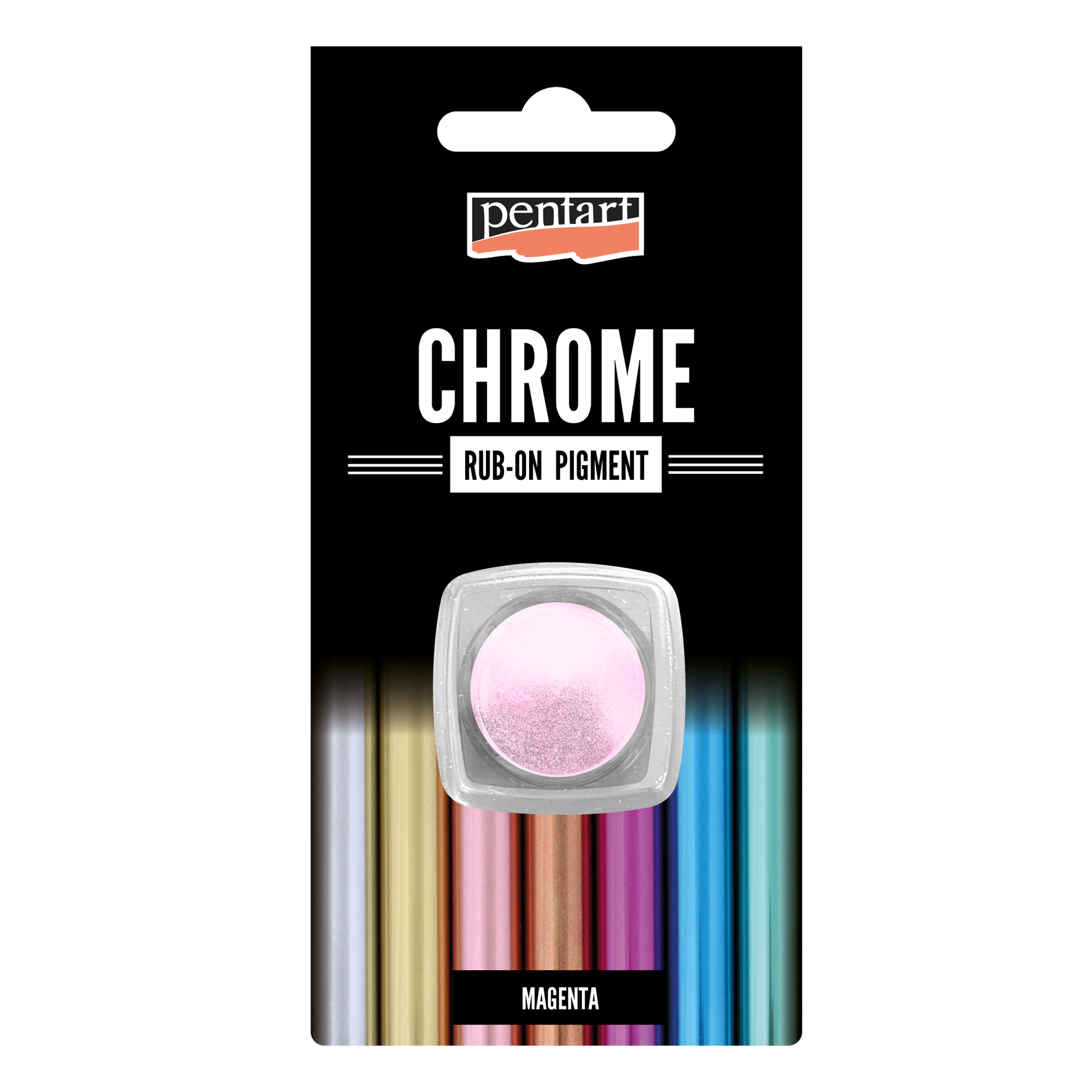 Pentart Chrome Rub-on Pigment packaging with a magenta sample