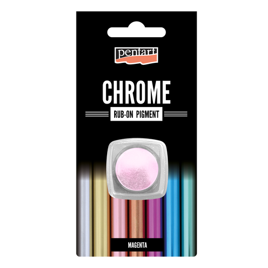 Pentart Chrome Rub-on Pigment packaging with a magenta sample