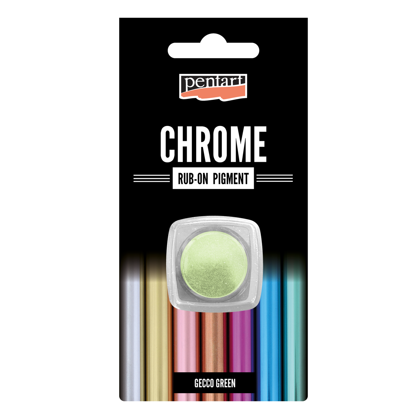 Pentart chrome rub-on pigment packaging with a green pigment sample 