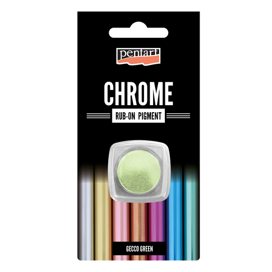 Pentart chrome rub-on pigment packaging with a green pigment sample 