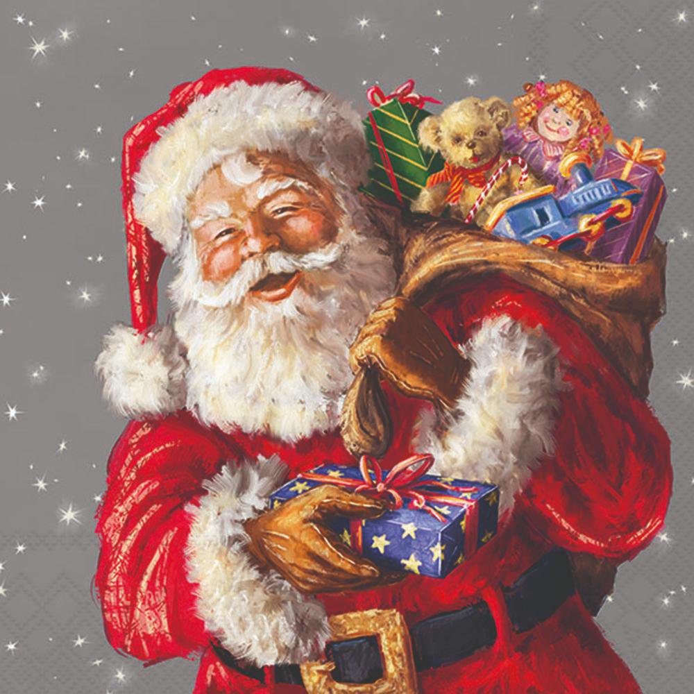 Illustration of Santa Claus holding a gift with a gray background