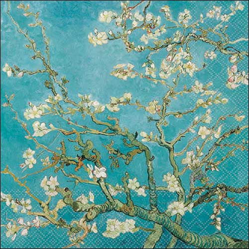 Artistic depiction of flowering branches on a textured blue background