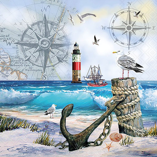 Nautical scene with lighthouse, ship, anchor, and seagulls on a beach.
