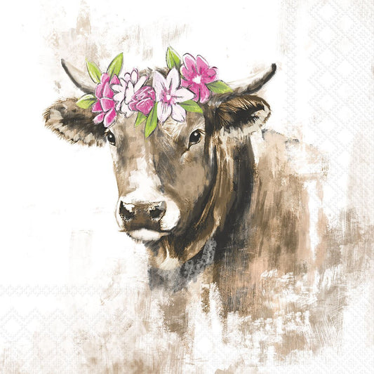 A cow with floral headband on a textured white background