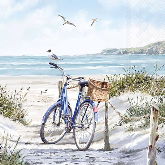 Blue bicycle with a basket on a sandy path leading to the beach with seagulls and ocean view.