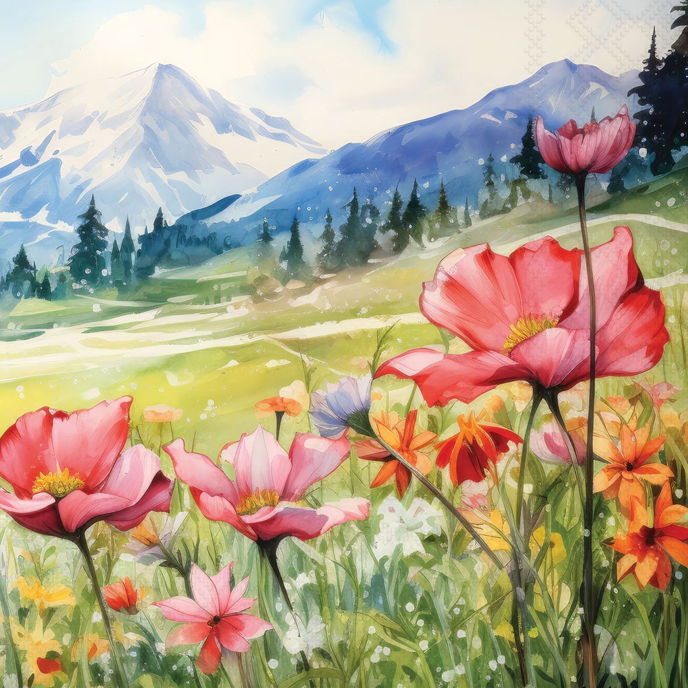 Colorful flowers in a field with mountains in the background