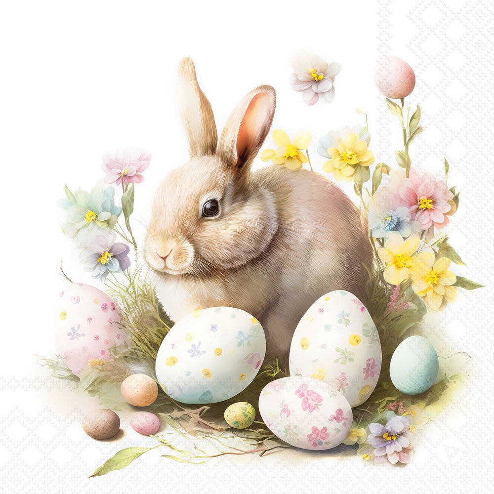 Easter bunny with colorful eggs and flowers on a white background