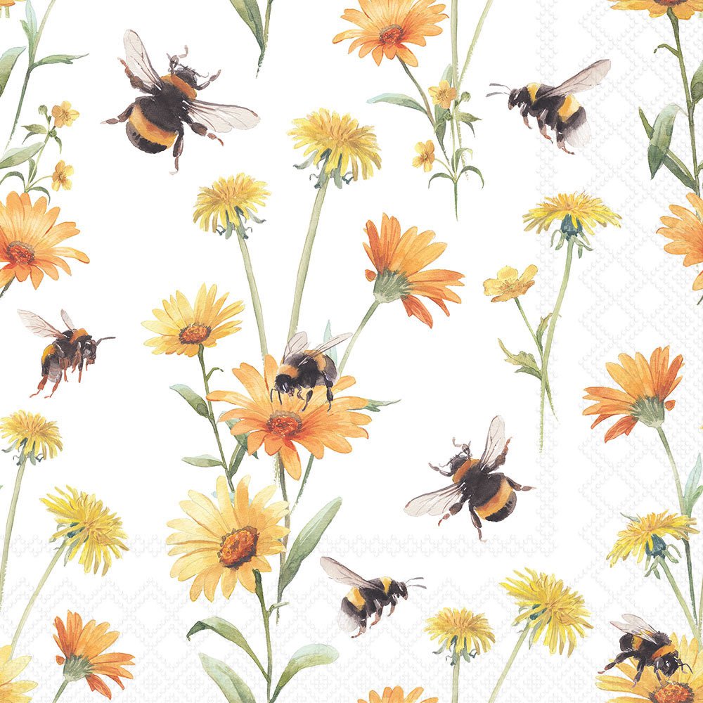 Pattern of bees and yellow flowers on a white background