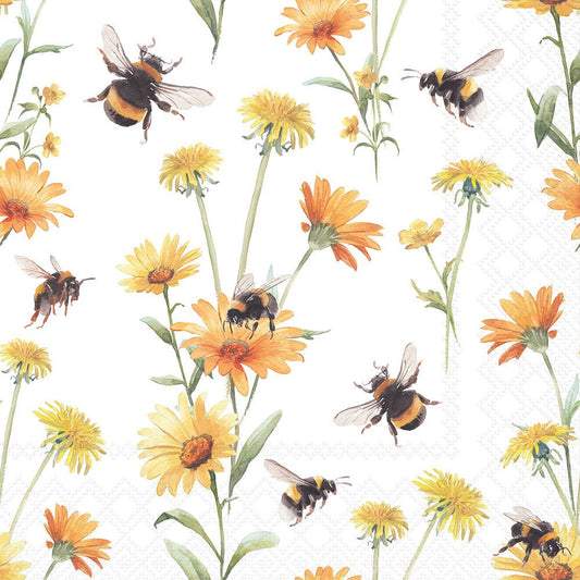 Pattern of bees and yellow flowers on a white background