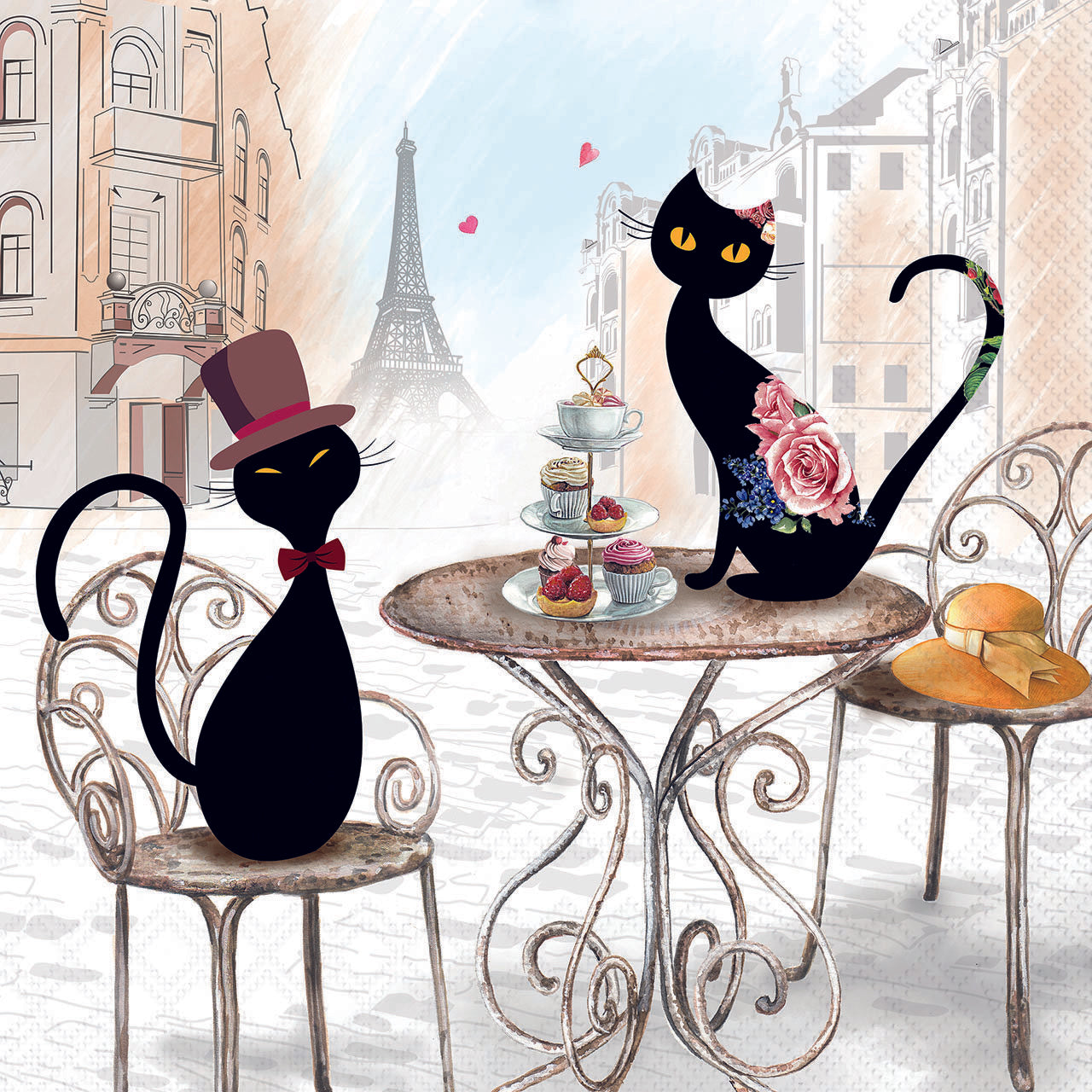 Two black cats at a table with tea and pastries, Eiffel Tower in the background