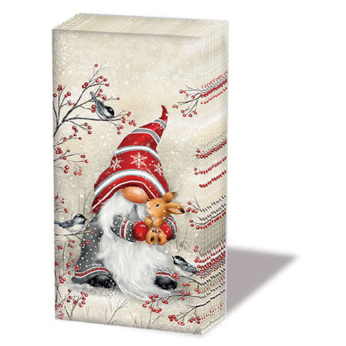 Decorative tissue with a gnome design on a winter-themed background.