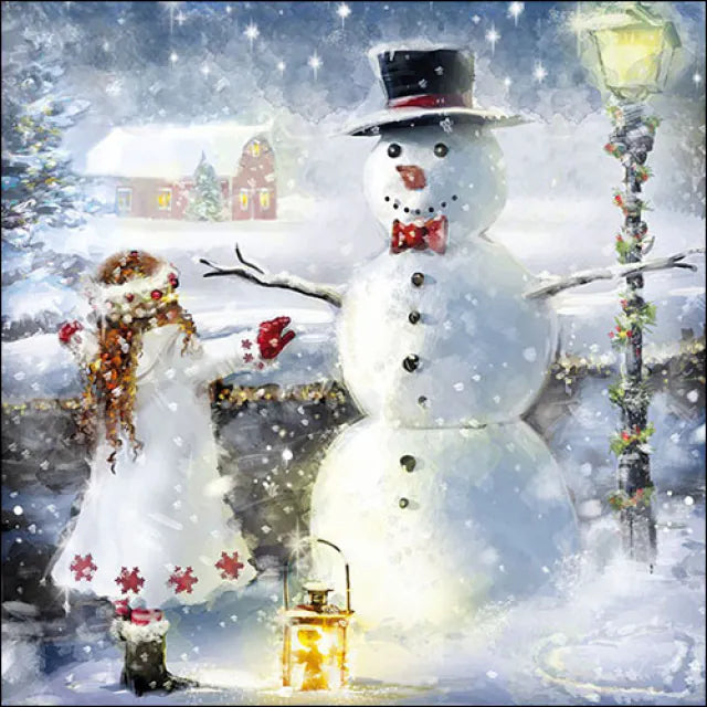 Snowman with a girl in a snowy landscape with a street lamp and houses in the background.
