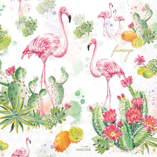Pattern of pink flamingos, cactus, and flowers on a white background