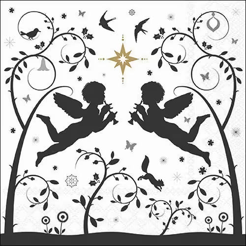 Decorative design with black cherubs, stars, and leaves on a white background