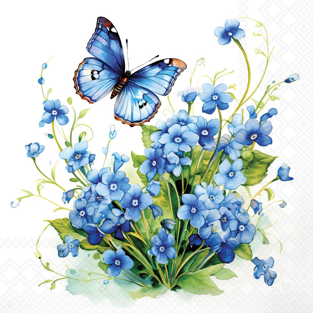 Blue butterfly on a cluster of blue flowers with green leaves on a white background