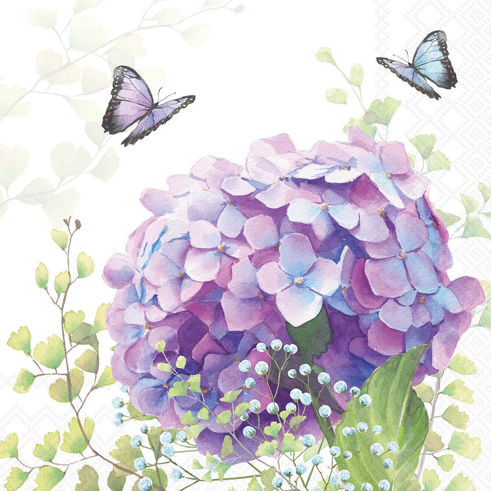 Purple hydrangea flower with green leaves and two butterflies on a light background
