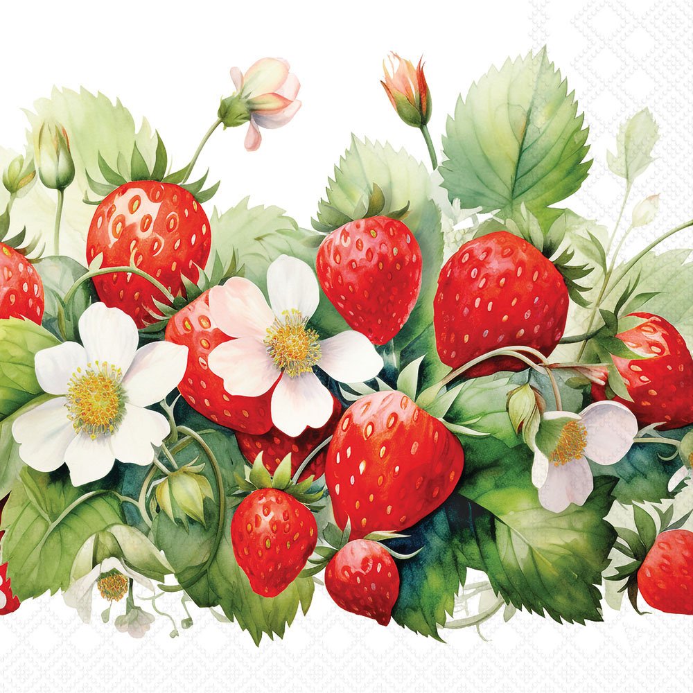 Illustration of strawberries and flowers on a white background