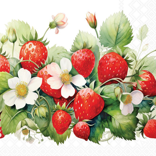Illustration of strawberries and flowers on a white background