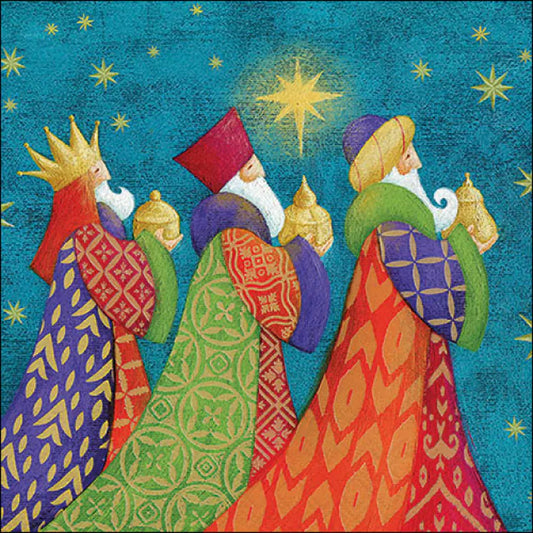 Three wise men in colorful robes with a star in the background
