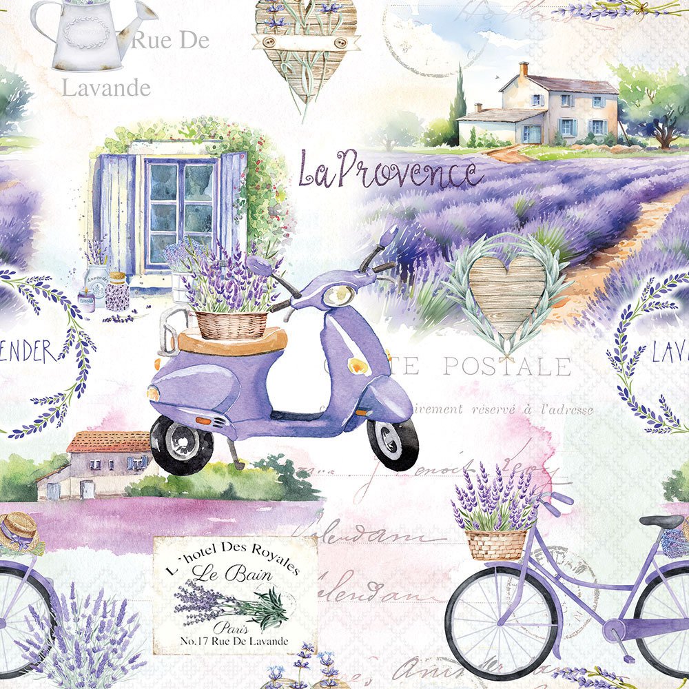 Scenic design with a scooter, bicycle, and lavender fields, featuring 'La Provence' text.