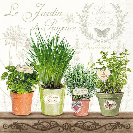 Set of potted herbs on a decorative shelf with a floral background