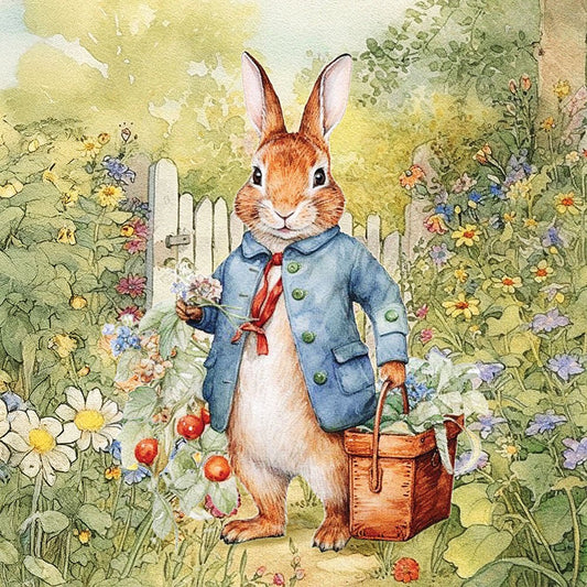 Illustration of a rabbit in a garden with flowers and a basket