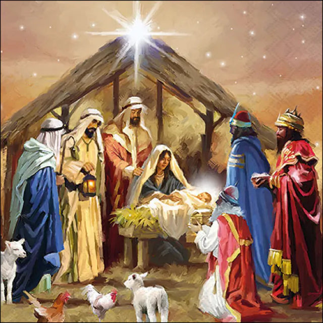Nativity scene with Mary, Joseph, baby Jesus, shepherds, and wise men in a stable.