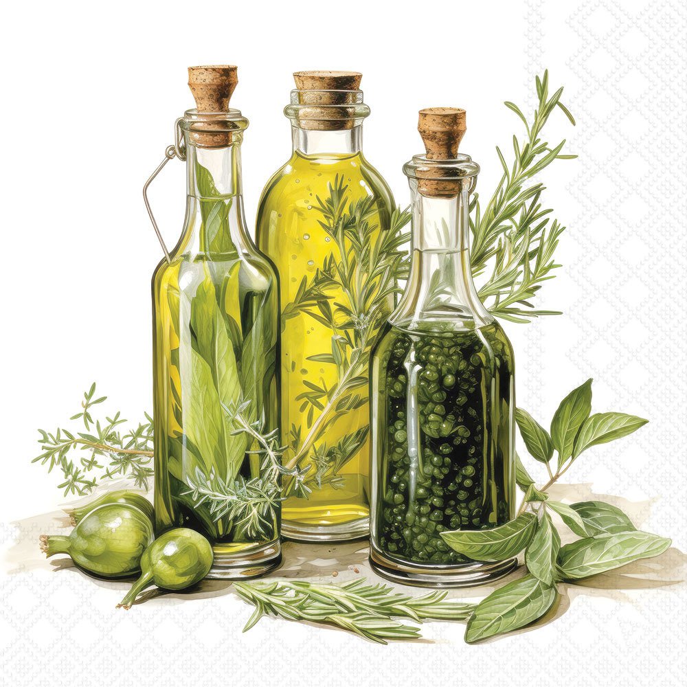 Three glass bottles with cork lids, filled with green and yellow liquids, surrounded by herbs and leaves on a white background.