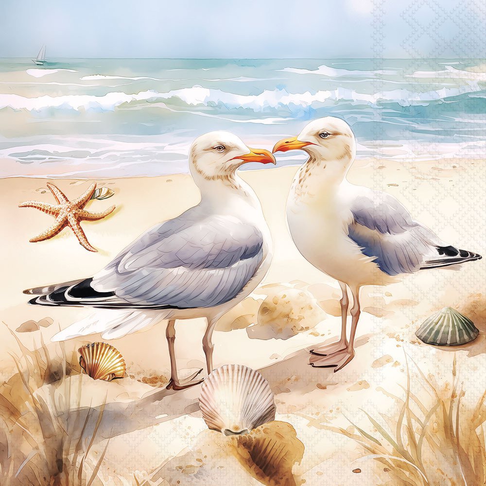 Two seagulls on a beach with shells and starfish