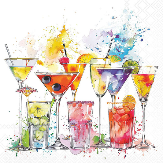 Colorful illustration of various cocktails with splashes on a white background
