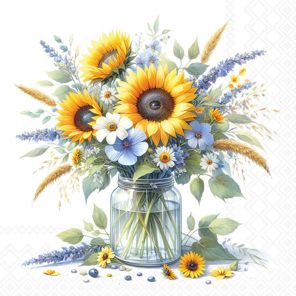 Bouquet of sunflowers and blue wildflowers arranged in a glass jar
