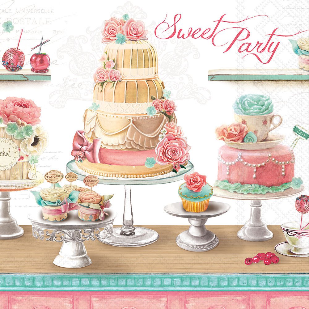 Illustration of a sweet party with cakes and pastries on a wooden table.