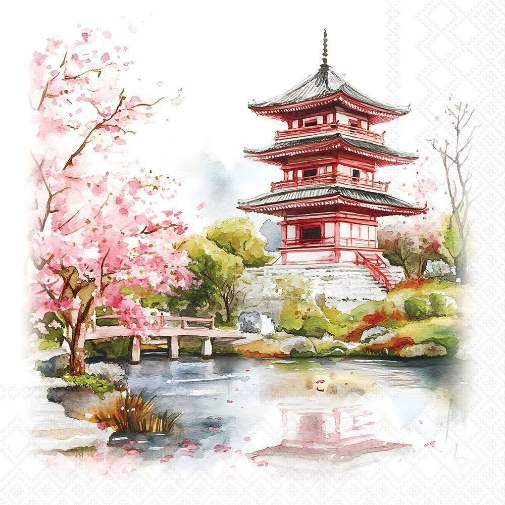 Traditional Japanese pagoda with cherry blossom trees and a pond