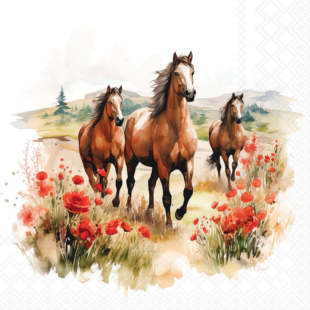 Three horses running through a field with red flowers on a white background